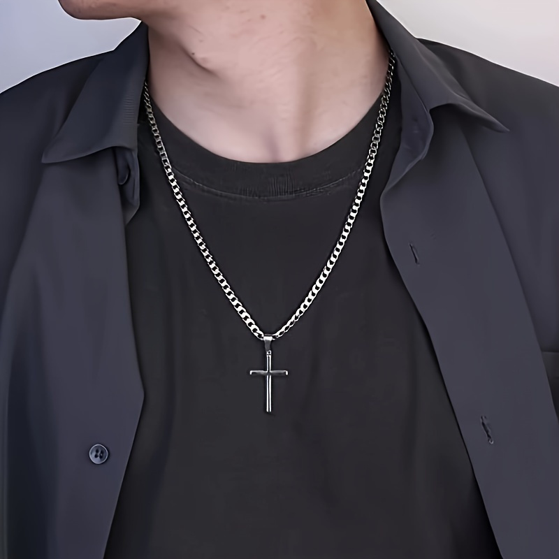 925 Sterling Silver Solid Cut Bevelled Cuban Chain Cross Pendant Necklace